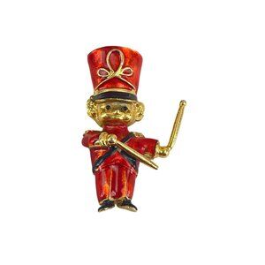 Vintage Gold & Red Enamel Marching Band Leader Pin Brooch  Baton Toy Soldier Sty